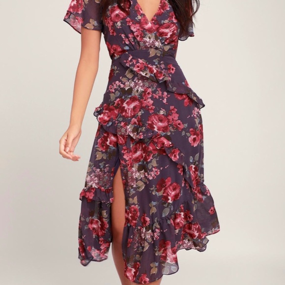 Lulus Dresses & Skirts - SOLD: Lulus Pick Me Up Purple Floral Ruffled Midi Dress S